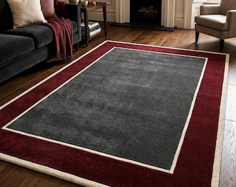 Luxury Hand Tufted Area Rug, Modern Border Rug, Burgundy Black Wool Carpet, Minimalist Living Room Rug, Custom Size Handmade Rugs