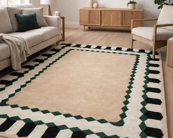 Modern Geometric Area Rug, Handmade Tufted Carpet, Beige Green Black Rug, Minimalist Living Room Decor, Contemporary Floor Rugs