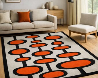 Modern Geometric Area Rug, Hand Tufted Wool Rug, Orange Black Abstract Carpet, Mid Century Modern Rug, Living Room Bedroom Decor rugs