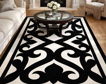 Black White Damask Area Rug, Modern Ornamental Carpet, Luxury Living Room Rug, Minimalist Home Decor Rug, Handmade Tufted Rugs