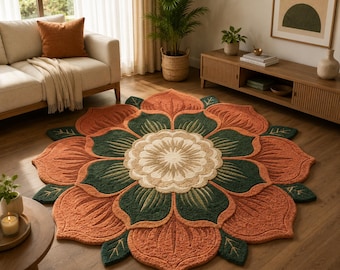 Hand Tufted Floral Rug, Lotus Flower Area Rug, round rug Botanical Carpet, Boho Living Room Rug, Handmade Tufted Floor Mat, Unique rugs