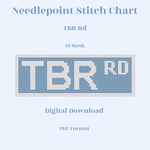May include: A digital needlepoint stitch chart with the text "Needlepoint Stitch Chart" and "TBR Rd". The chart is labeled "13 Mesh" and is available as a digital download in PDF format. The design features a blue and white pixelated pattern.