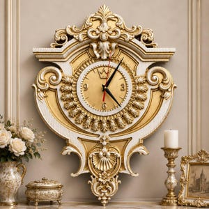 Puede incluir: Un gran reloj de pared ornamentado con acabado en oro y blanco, con volutas intrincadas y detalles tallados. La esfera circular tiene un fondo dorado, números negros en las posiciones de las tres, seis y nueve, y un icono de corona.