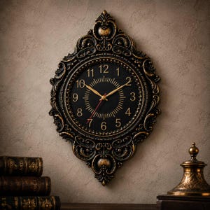 Könnte beinhalten: Eine verzierte Wanduhr mit schwarzem, kreisförmigem Zifferblatt, goldenen arabischen Ziffern und goldenen Zeigern, inklusive eines dünnen roten Sekundenzeigers. Die Uhr ist in einen dunkel geschnitzten Rahmen mit goldenen Akzenten gefasst.