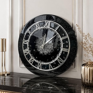 Black Silver Epoxy Resin Wall Clock, Luxury Roman Numeral Clock, Handmade Wall Art, Modern Art Deco Home Decor, Statement Clock