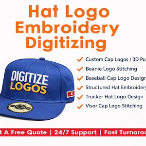 May include: A blue baseball cap with the text "DIGITIZE LOGOS" in white and yellow. The image also includes text about hat logo embroidery and digitizing services, including custom cap logos, beanie logo stitching, and trucker hat logo design.