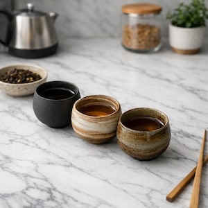 Puede incluir: Tres pequeñas tazas de té redondas de cerámica llenas de té, dispuestas sobre una superficie de mármol. Una taza es negra y las otras dos tienen un patrón de rayas marrones y beige. Un pequeño cuenco de hojas de té y una tetera de acero inoxidable están en el fondo.