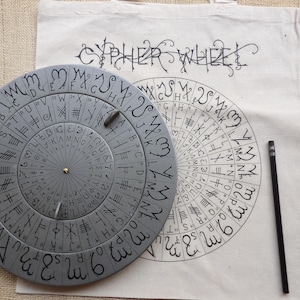 Może przedstawiać: Szara tarcza szyfrująca z mosiężnym kołkiem centralnym, czarnym ołówkiem i płócienną torbą z nadrukiem "CYPHER WHEEL". Koło ma wygrawerowane litery i symbole.