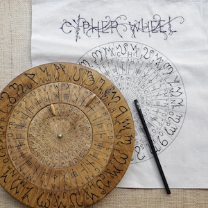 Może przedstawiać: Drewniane koło szyfrujące z wytrawionymi symbolami i cyframi, obok białej tkaniny z napisem "CYPHER WHEEL" i okrągłym diagramem. Czarny długopis spoczywa na tkaninie. Koło jest w kolorze jasnobrązowym.