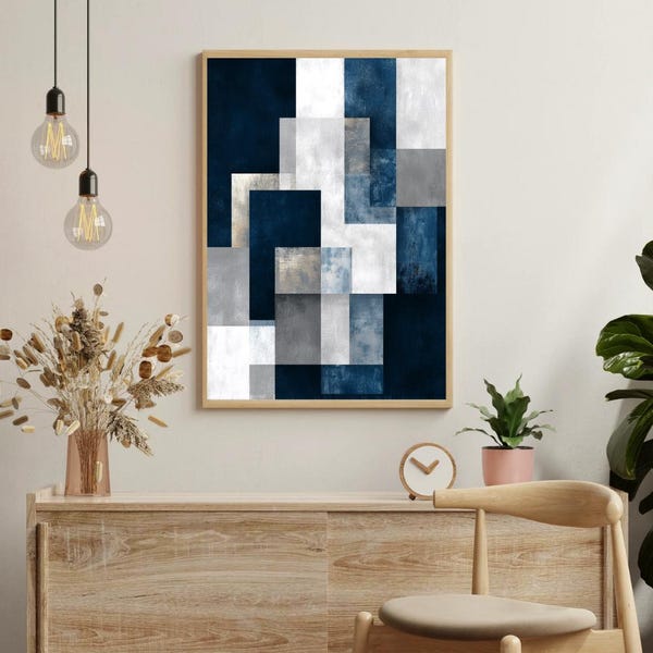 Abstrakter Kunstdruck in Marineblau mit geometrischen Formen | Modernes Poster mit silber-grau-weißen Blöcken, kühnes minimalistisches Luxusdekor, ausdrucksstarkes Statement-Piece