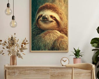 Serene luiaard kunst aan de muur | Warme kaneel realistische portretposter, modern minimalistisch luxe decor, Quiet Bliss-statementstuk