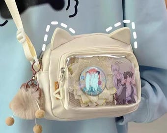Cat Ears Ita Messenger Bag with Clear Window Insert for Pins, Kawaii Anime Crossbody Bag, Harajuku Shoulder Bag, Transparent Display Itabag