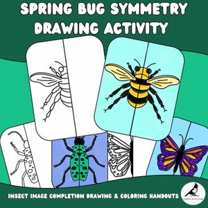 May include: A set of insect-themed drawing and coloring handouts. The cards feature symmetrical drawings of a bee, butterfly, and other bugs. The text reads "SPRING BUG SYMMETRY DRAWING ACTIVITY" and "INSECT IMAGE COMPLETION DRAWING & COLORING HANDOUTS."