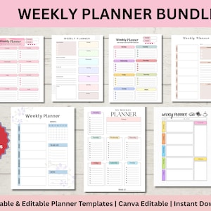 May include: A bundle of seven printable weekly planner templates with colorful layouts. The planners include sections for daily schedules, to-do lists, and notes. Text on the image reads "WEEKLY PLANNER BUNDLE" and "7 Templates".