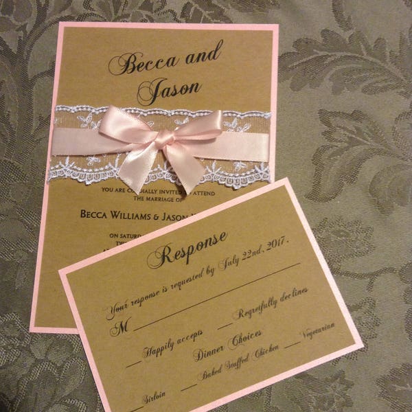 Pink and Kraft Ribbon and Lace Wedding Invitation + RSVP