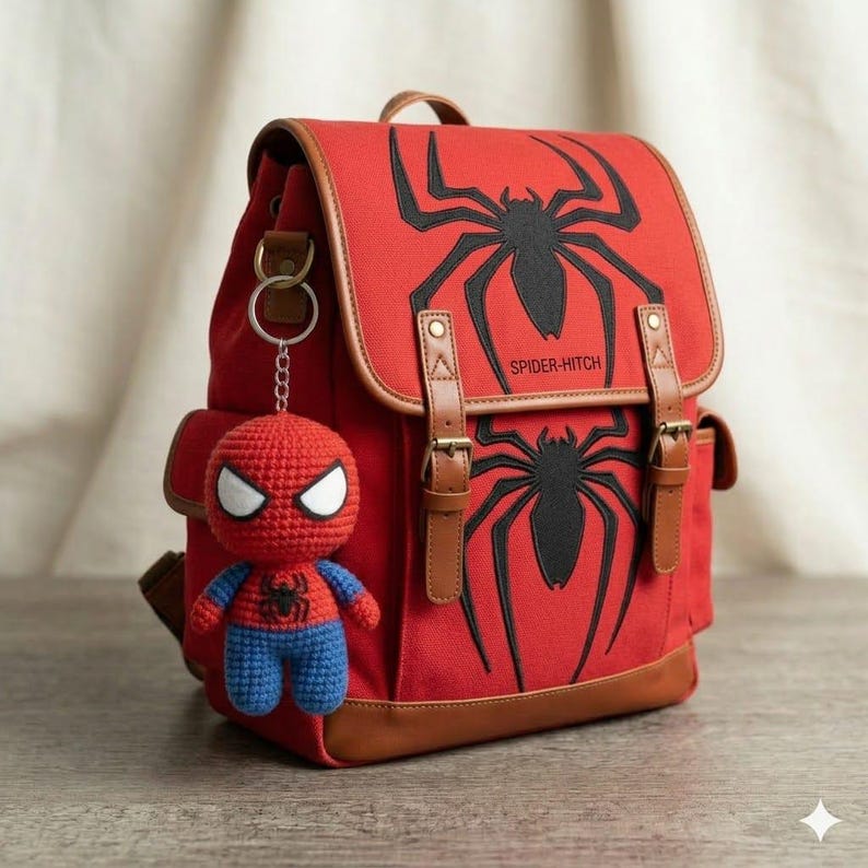 May include: A red canvas backpack with brown faux leather trim, featuring a black spider graphic and the text "SPIDER-HITCH" on the front flap. The bag includes two vertical buckle straps and a crocheted red and blue spider-themed keychain.