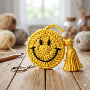 May include: Yellow crocheted smiley face keychain with a black stitched mouth and eyes. The keychain has a yellow tassel and a wooden bead. The keychain is on a silver metal ring.