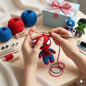 May include: A crochet project featuring a red and blue superhero doll being crafted with a metal hook. Nearby are balls of red and blue yarn, a light blue gift box with a red ribbon, and two finished superhero dolls, one green and one blue.