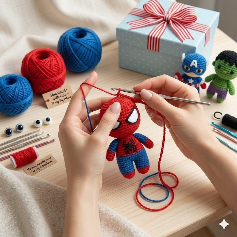 May include: A crochet project featuring a red and blue superhero doll being crafted with a metal hook. Nearby are balls of red and blue yarn, a light blue gift box with a red ribbon, and two finished superhero dolls, one green and one blue.