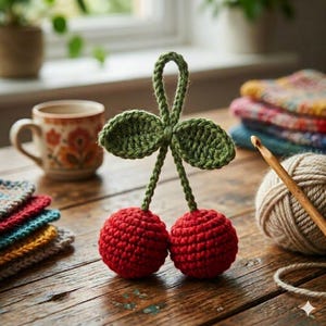 Puede incluir: Adorno de cereza hecho a mano con ganchillo, con dos esferas rojas y hojas verdes. El adorno se muestra sobre una superficie de madera con una taza, hilo y un ganchillo en el fondo. La cereza mide aproximadamente 7.6 cm de altura.