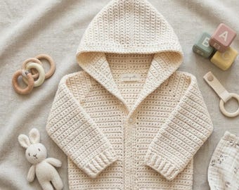 Patroon babyhoodie gehaakt pdf, patroon babytrui gehaakt, gehaakt babyvestje, babyshowercadeau, unisex hoodie, beginnersvriendelijk