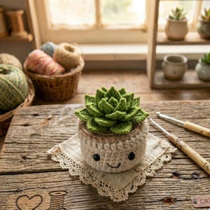 May include: A handmade crochet succulent plant in a smiling pot. The green succulent sits atop a beige pot with a smiling face. The pot is on a lace doily on a wooden surface. Crochet hooks and yarn are in the background.