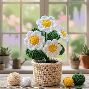 Crochet Daisy Flower Pot Pattern , Crochet Flower Pot , Daisy Amigurumi , Daisy Applique , Spring Home Decor , Gift For Her , Easy Crochet