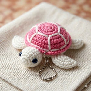 May include: A crocheted turtle keyring in pink and white. The turtle features a pink shell with white detailing, white flippers, and a white head with blue eyes. A silver-coloured chain is attached.
