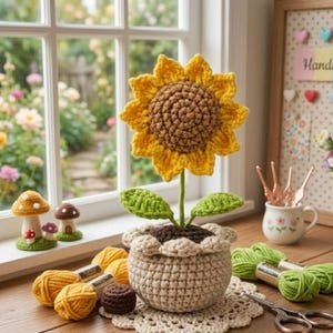May include: A handcrafted crochet sunflower in a beige pot, with yellow petals and a brown center. Green leaves and stem. The pot sits on a beige doily, with yarn and crochet supplies nearby. Two crochet mushrooms are in the background.
