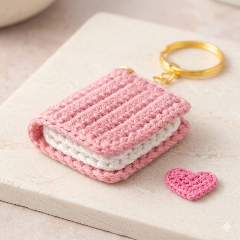 K&ouml;nnte beinhalten: Ein handgefertigter H&auml;kel-Schl&uuml;sselanh&auml;nger in Form eines rosa-wei&szlig;en Sandwich-Kekses. Ein kleines rosa geh&auml;keltes Herz liegt neben dem Schl&uuml;sselanh&auml;nger. Der Schl&uuml;sselanh&auml;nger hat einen goldfarbenen Ring.