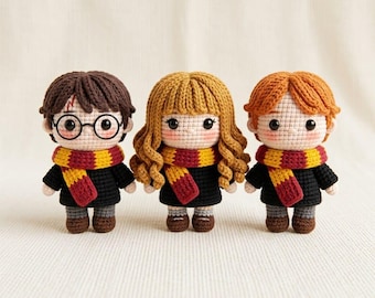 Patrón de magos chibi a crochet en PDF, amigurumi de mago, trío de amigos de la escuela de magia a crochet, patrón de muñecas de mago a crochet, guía fotográfica