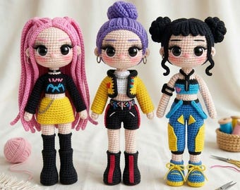 Crochet Kpop Girls Pattern PDF, 3 in 1, Kpop Girls Amigurumi, Mira , Rumi , Zoey , Crochet Kpop Demon Hunters, Kpop Girls Idol , Photo Guide