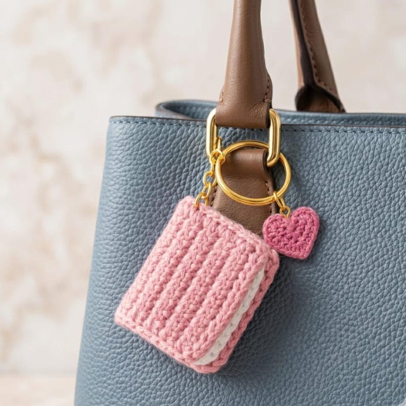 K&ouml;nnte beinhalten: Ein rosa geh&auml;kelter Schl&uuml;sselanh&auml;nger mit Sandwich-Design und einem kleinen rosa Herzanh&auml;nger. Der Schl&uuml;sselanh&auml;nger ist an einem goldenen Ring befestigt und h&auml;ngt an einer blauen Handtasche. Das Sandwich hat eine wei&szlig;e F&uuml;llung.