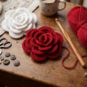 Può includere: Primo piano di un progetto all'uncinetto con una rosa rossa e una rosa bianca. Un gomitolo di filo rosso, un uncinetto di legno, forbici e bottoni decorativi sono su una superficie di legno. Una tazza a tema gatto è sullo sfondo.