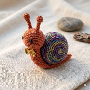 May include: A handmade crocheted snail toy. The snail has a brown body and a shell with a spiral pattern in shades of purple, blue, and yellow. It features a small yellow bow tie and black eyes. The toy is displayed on a cream-coloured fabric.