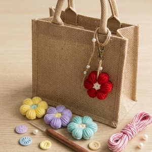 Patrón de llavero de flor de ganchillo en PDF, flor de amigurumi, flor de ganchillo 3D, adorno para bolso, regalo para ella, guía fotográfica, ganchillo fácil