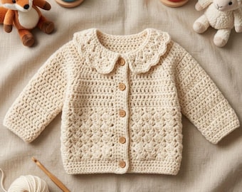 Mönster för virkad babykofta i pdf-format, babytröja, virkad babyoutfit, kofta till nyfödd (0-24 månader), babyshowerpresent, enkel virkning