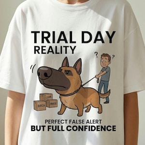May include: White t-shirt with a humorous graphic. The design features a cartoon German Shepherd dog on a leash, a confused person, and text that reads "TRIAL DAY REALITY PERFECT FALSE ALERT BUT FULL CONFIDENCE."
