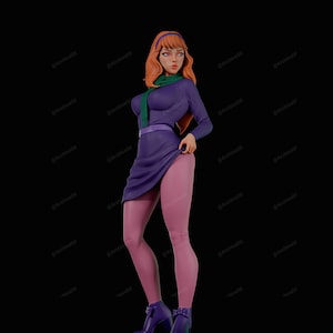 以下が含まれることがあります： 赤い髪の女性の3Dレンダリングフィギュア。紫色のドレス、緑のスカーフ、ピンクのタイツを着ています。紫色のハイヒールも履いています。背景は黒です。