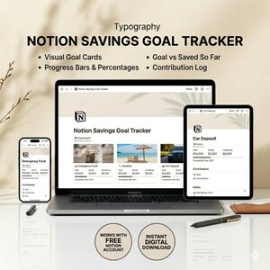Op de afbeelding: Een digitale Notion-spaar-doeltracker weergegeven op een laptop, tablet en smartphone. De interface toont visuele doelkaarten, voortgangsbalken en een contributielogboek. De tekst luidt "Notion Savings Goal Tracker".