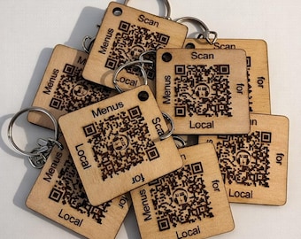 Llaveros de madera personalizados con menú y código QR • Llaveros de restaurante grabados con láser (juego de 24)