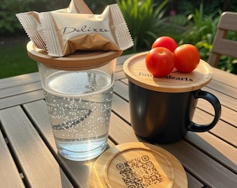Tapa de madera personalizada para vasos, tapa con código QR grabado, tapa ecológica para bebidas.