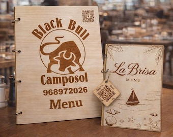 Portamenús de madera personalizado A4/A5 / Portamenús de restaurante grabado con láser (código QR)