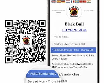 Menú QR digital, plantilla de menú online de diseño profesional. ¡Solución moderna, multilingüe y compatible con dispositivos móviles!