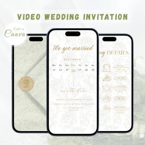 Può includere: Invito di nozze digitale visualizzato su tre smartphone. Il design presenta testo dorato su sfondo floreale bianco. Il testo include "We got married", "save the date" e dettagli del matrimonio. L'invito è modificabile in Canva.