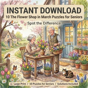 Puede incluir: Ilustración en acuarela de una escena de floristería con una pareja de ancianos arreglando flores. La imagen incluye el texto "INSTANT DOWNLOAD" y "10 The Flower Shop in March Puzzles for Seniors". Se ven flores coloridas en macetas y cestas.