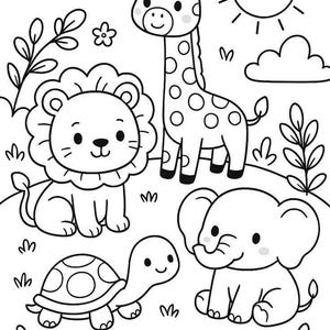 May include: Black and white line art illustration of a giraffe, lion, elephant, and turtle. The giraffe has spots, the lion has a mane, and the elephant has large ears. A smiling sun and clouds are also included.