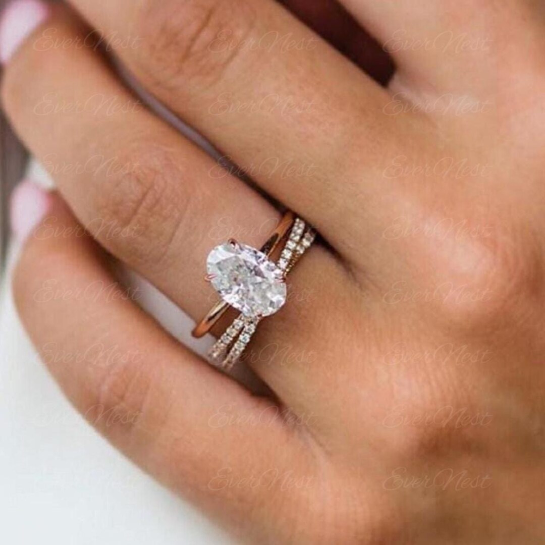 3 CT Oval Cut Moissanite Engagement Ring Set 14K Solid Gold Solitaire ...
