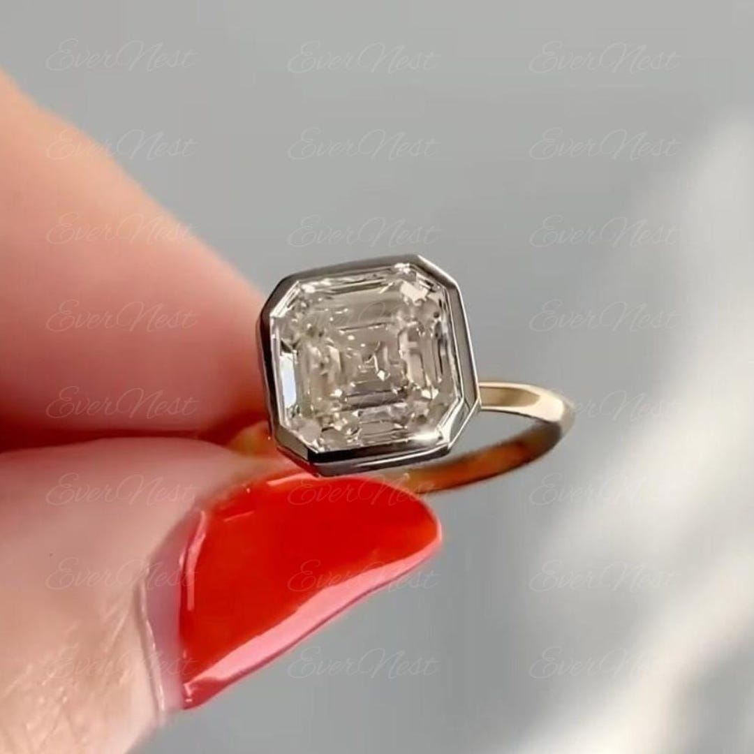 3 CT Asscher Cut Moissanite Diamond Engagement Ring 14K Solid Gold ...
