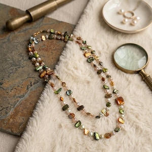 Handmade Boho Natural Stone Necklace, Double Layer Crystal Beaded Necklace for Women, Vintage Irregular Gemstone Long Sweater Neckless